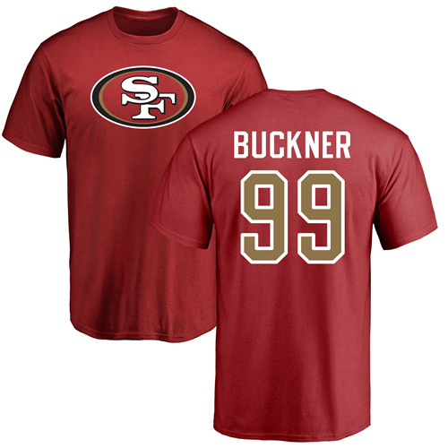 Men San Francisco 49ers Red DeForest Buckner Name and Number Logo #99 NFL T Shirt->nfl t-shirts->Sports Accessory